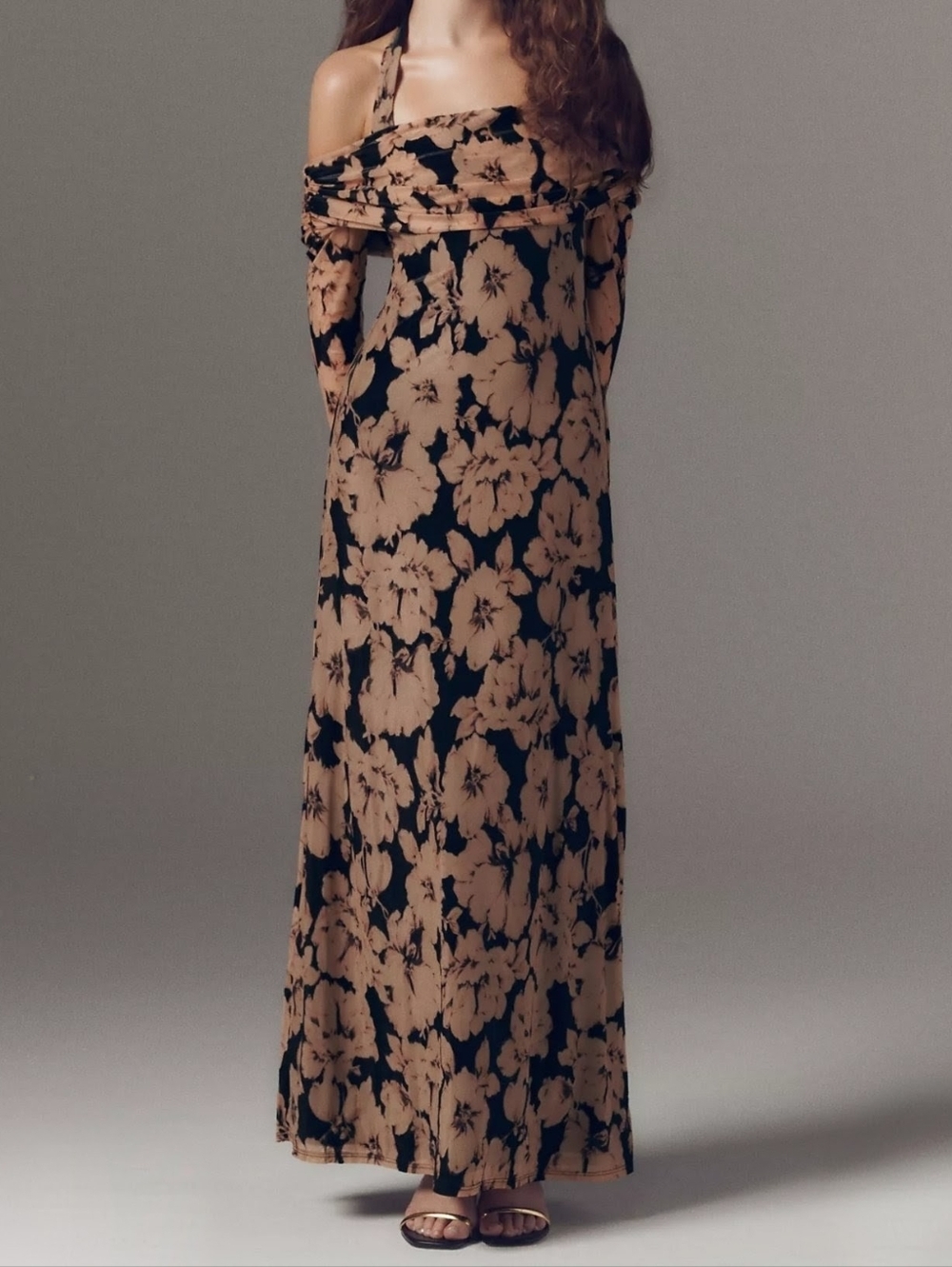 AFRM Arielle Burnout Velvet Off-Shoulder Halter Maxi Dress, Ivory Peony, XS - Picture 5 of 13